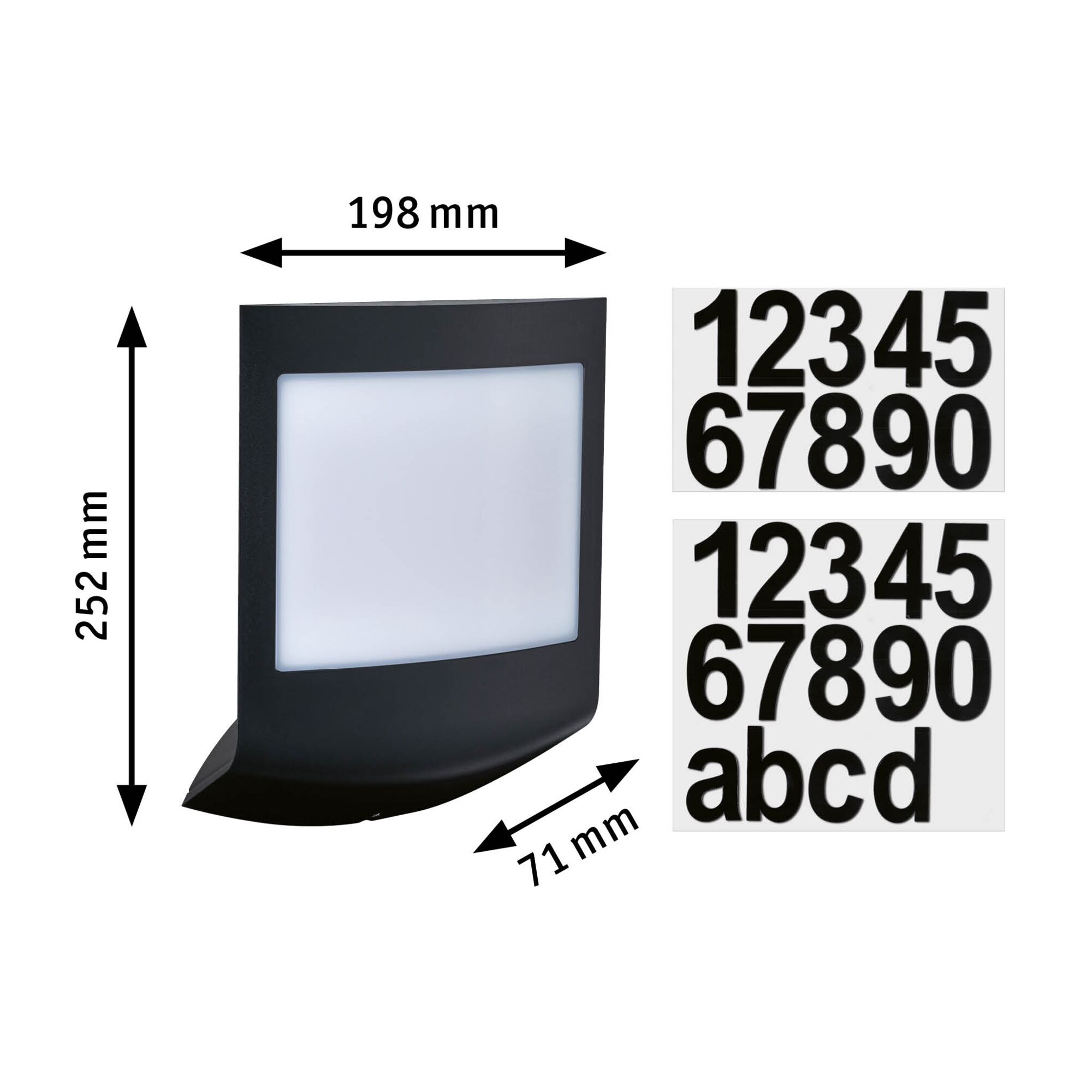 Black outdoor wall light with white diffuser and black number and letter stickers, dimensions 198x252x71 mm.