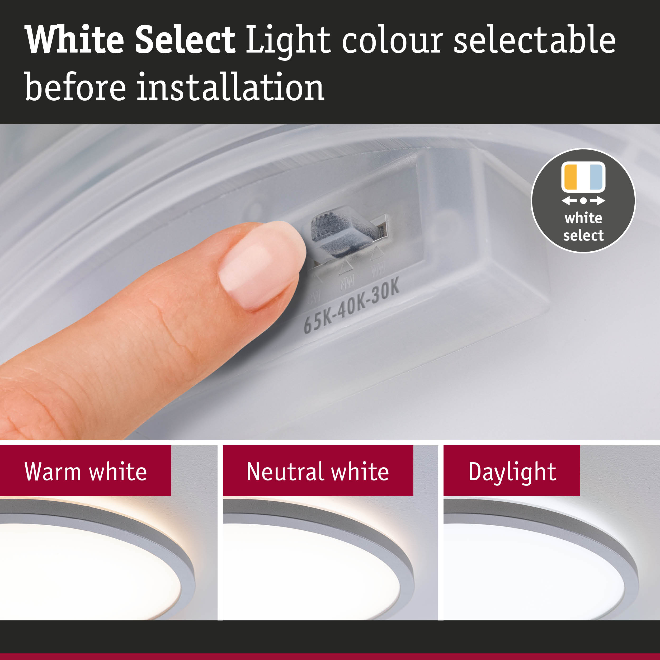 White light colour selector before installation with three LED ceiling lights in warm, neutral, and daylight white