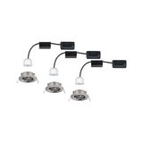 Three brushed stainless steel recessed spotlights with white LED modules and black cables for home lighting