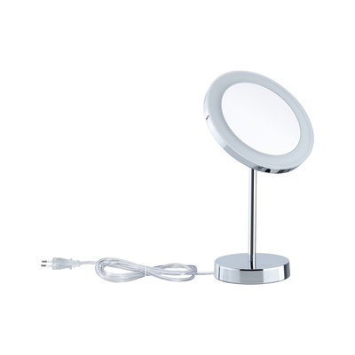 Round LED makeup mirror with chrome base, illuminated cosmetic mirror with power cord for detailed view.