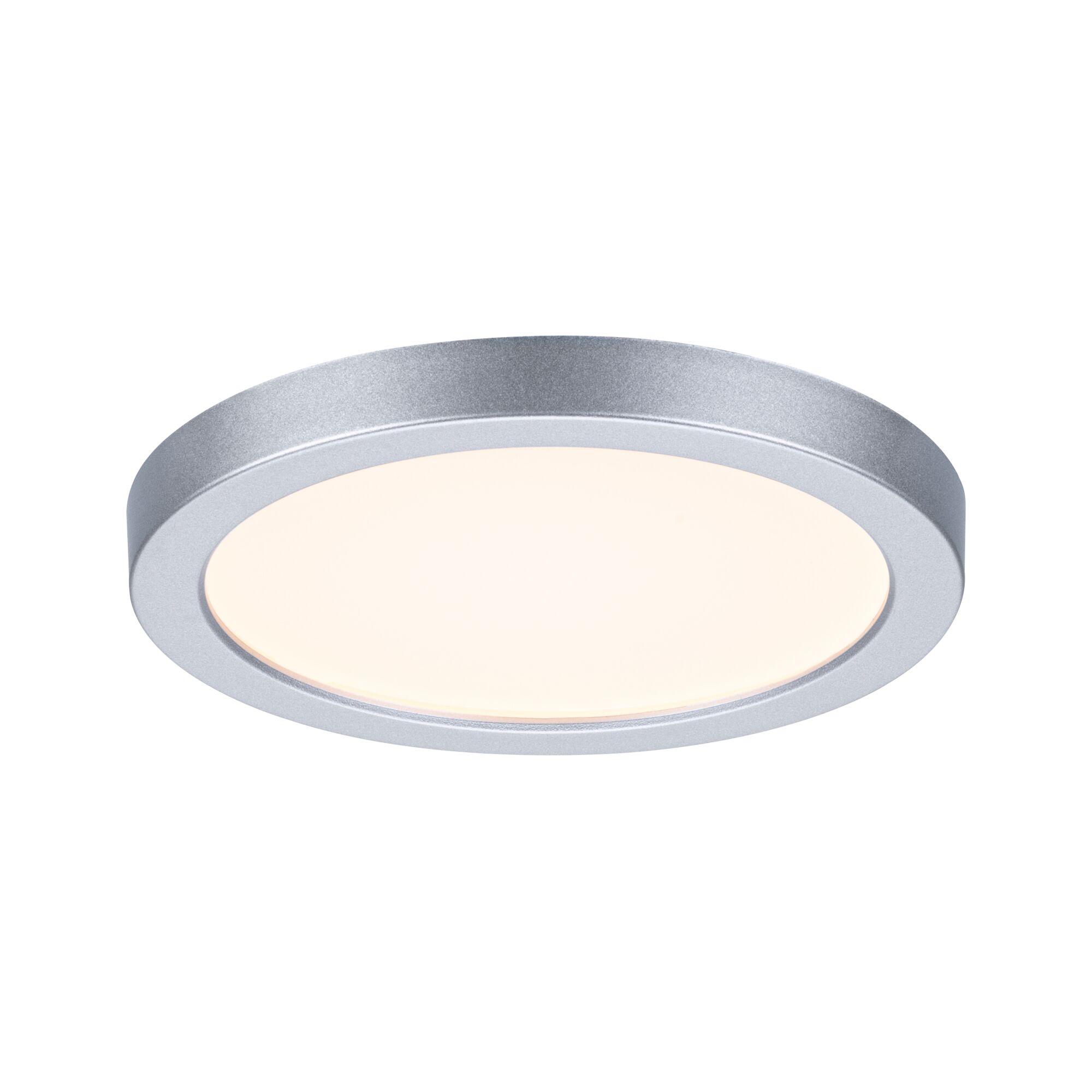 Plafonnier LED rond en aluminium argenté avec lumière blanc chaud pour intérieurs modernes