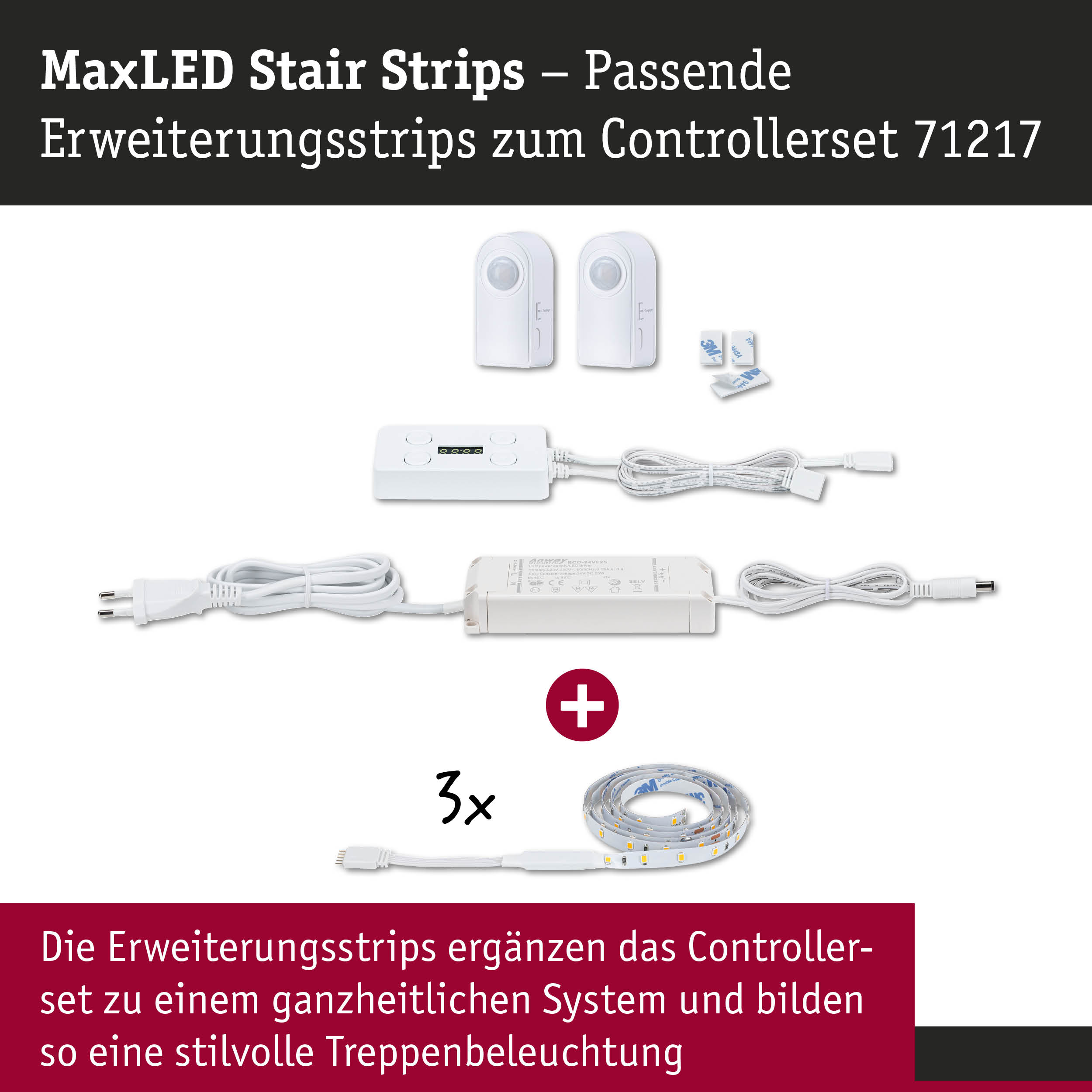 MaxLED Stair Strips Erweiterungsset mit weißen LED-Streifen und Steuergerät für stilvolle Treppenbeleuchtung
