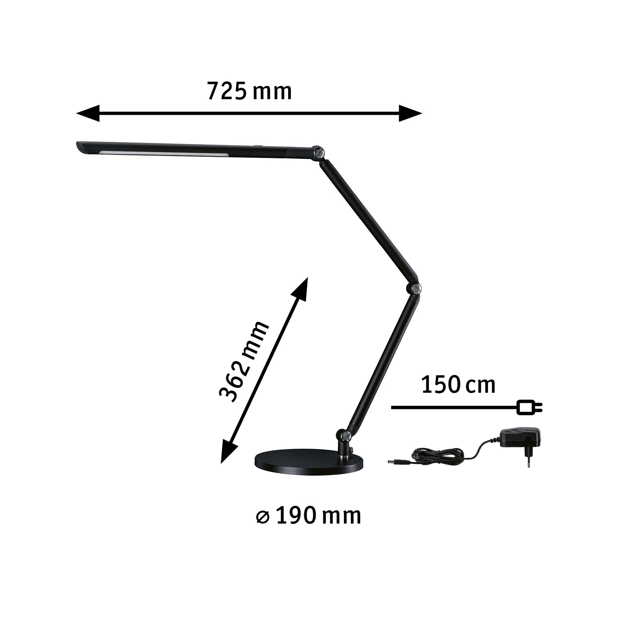 Lampe de bureau LED noire avec bras réglable, base ronde de 190 mm et câble d'alimentation de 150 cm.