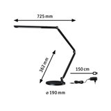 Black LED desk lamp with adjustable arm, 190 mm round base, and 150 cm power cable for office use.