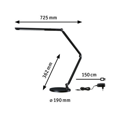 Black LED desk lamp with adjustable arm, 190 mm round base, and 150 cm power cable for office use.