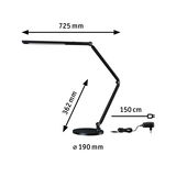 Zwarte LED-bureaulamp met verstelbare arm, ronde voet van 190 mm en 150 cm stroomkabel.
