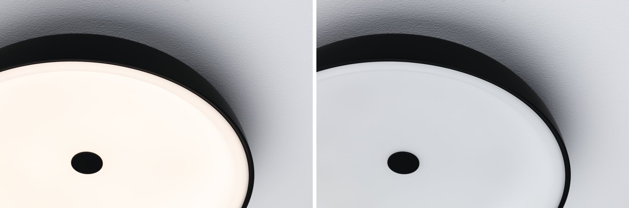 Plafonnier rond avec cadre en métal noir et diffuseur blanc, dimmable pour pièces à vivre.