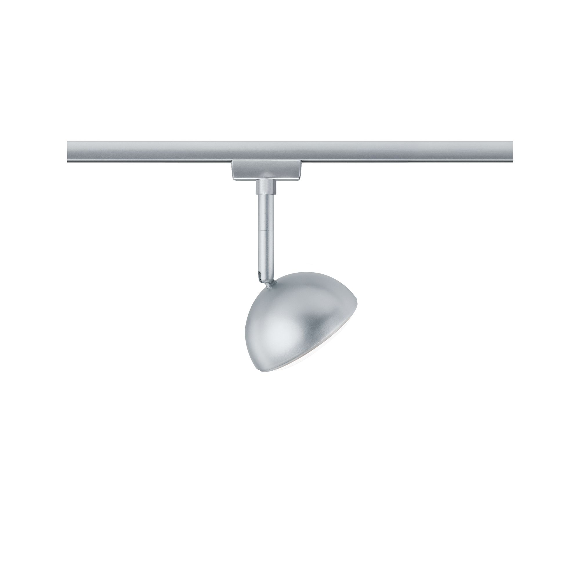Silberner LED-Strahler aus Metall an Schienensystem für flexible Raumbeleuchtung