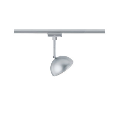 Silberner LED-Strahler aus Metall an Schienensystem für flexible Raumbeleuchtung