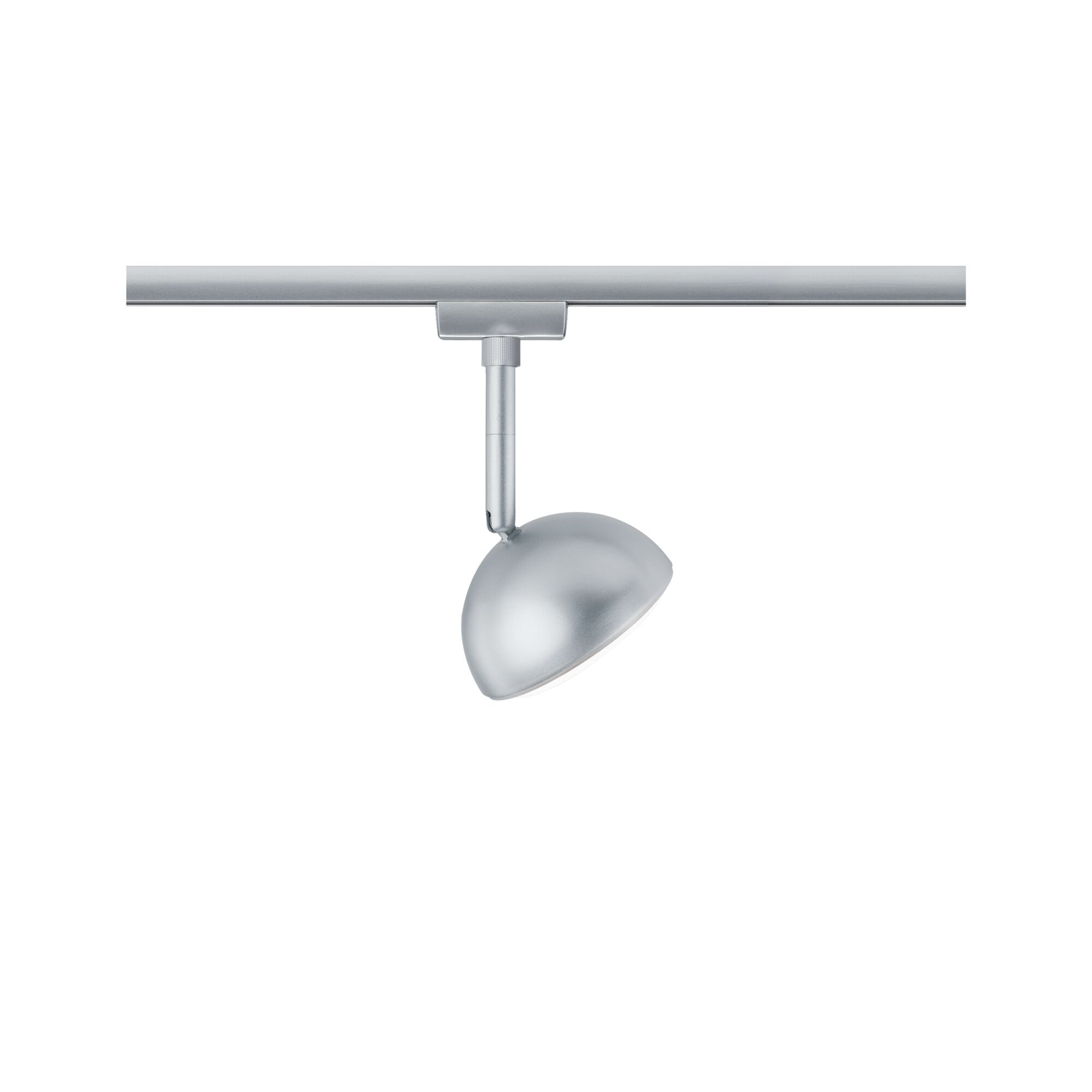 Silberner LED-Strahler aus Metall an Schienensystem für flexible Raumbeleuchtung