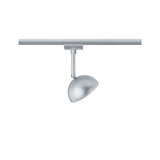 Silberner LED-Strahler aus Metall an Schienensystem für flexible Raumbeleuchtung