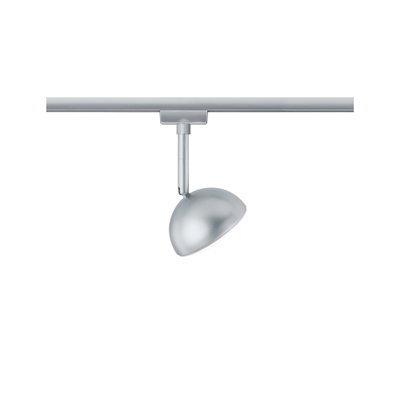 Silberner LED-Strahler aus Metall an Schienensystem für flexible Raumbeleuchtung