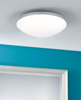 Round white ceiling light with opal glass for modern living spaces and energy-efficient LED lighting.