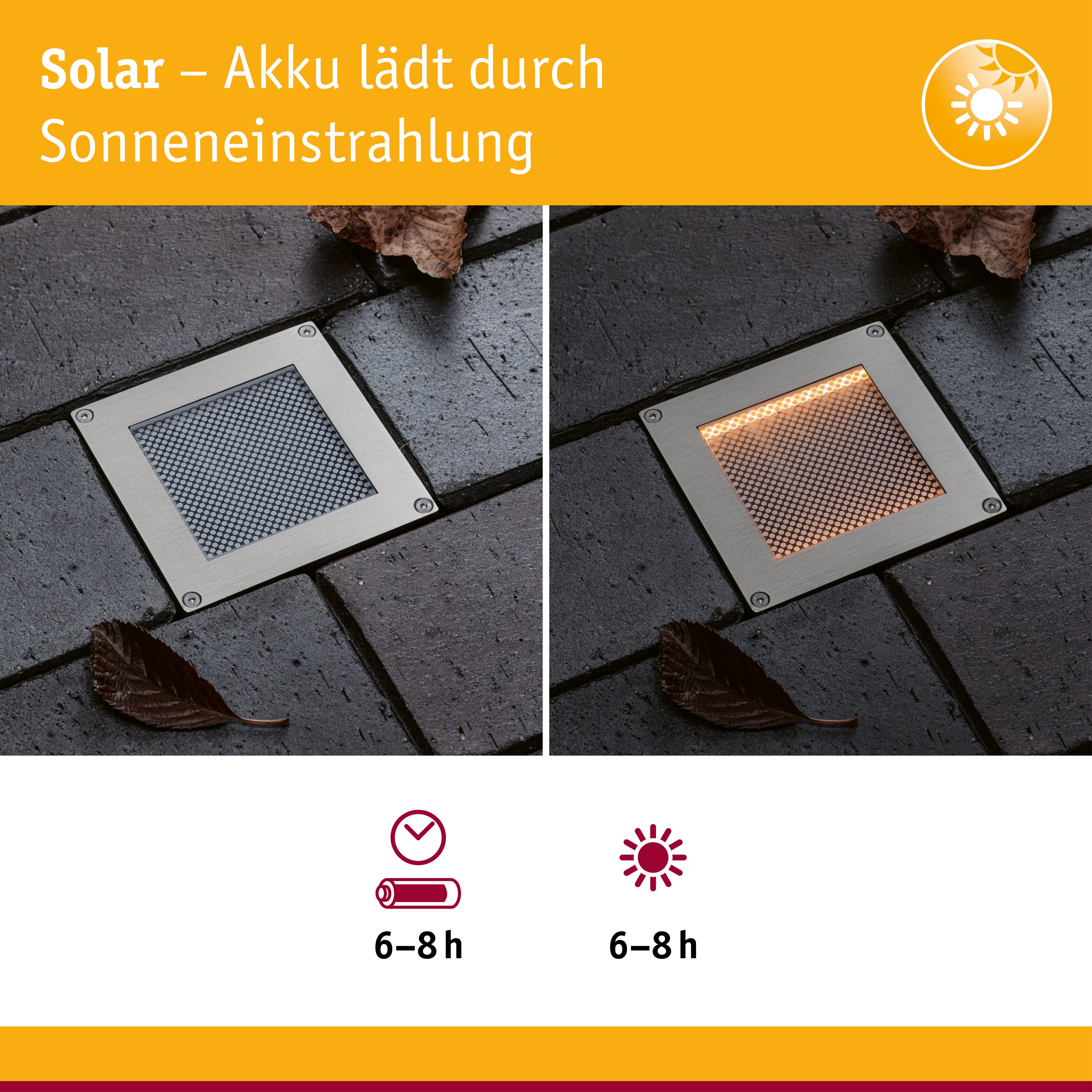 Solar LED Bodeneinbauleuchte Sorea Dämmerungssensor IP67 eckig 100x100mm 2200K 0,1W 5lm 3,7V Eisen gebürstet ABS/Polycarbonat/Edelstahl