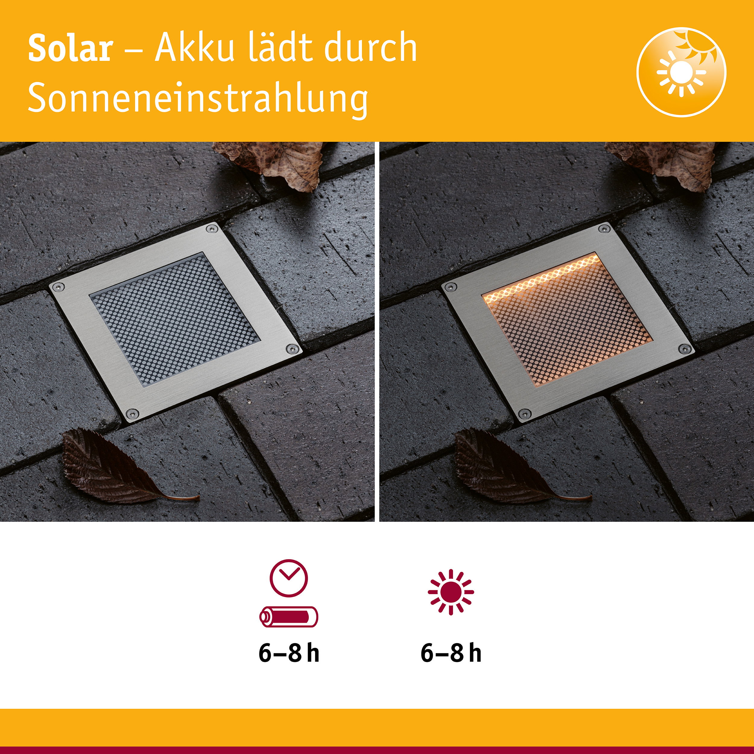 Solar LED Bodeneinbauleuchte Sorea Dämmerungssensor IP67 eckig 100x100mm 2200K 0,1W 5lm 3,7V Eisen gebürstet ABS/Polycarbonat/Edelstahl