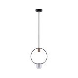 Modern pendant light with black metal ring, copper detail and transparent glass lampshade for interior lighting