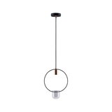 Suspension moderne avec anneau en métal noir, détail cuivre et abat-jour en verre transparent