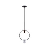 Moderne Pendelleuchte mit schwarzem Metallring und kupferfarbenem Detail, Glaslampenschirm transparent