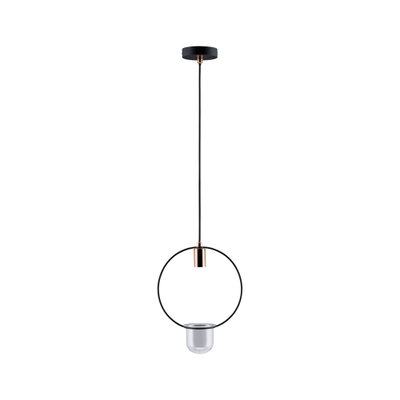 Moderne Pendelleuchte mit schwarzem Metallring und kupferfarbenem Detail, Glaslampenschirm transparent