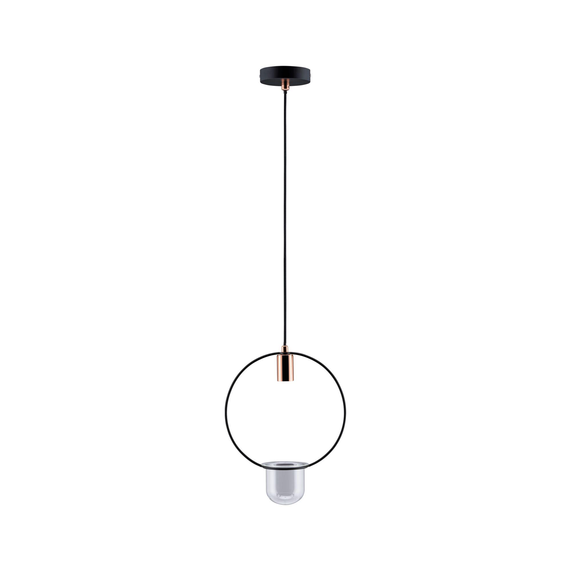 Modern pendant light in black and copper metal with clear glass for stylish interior lighting