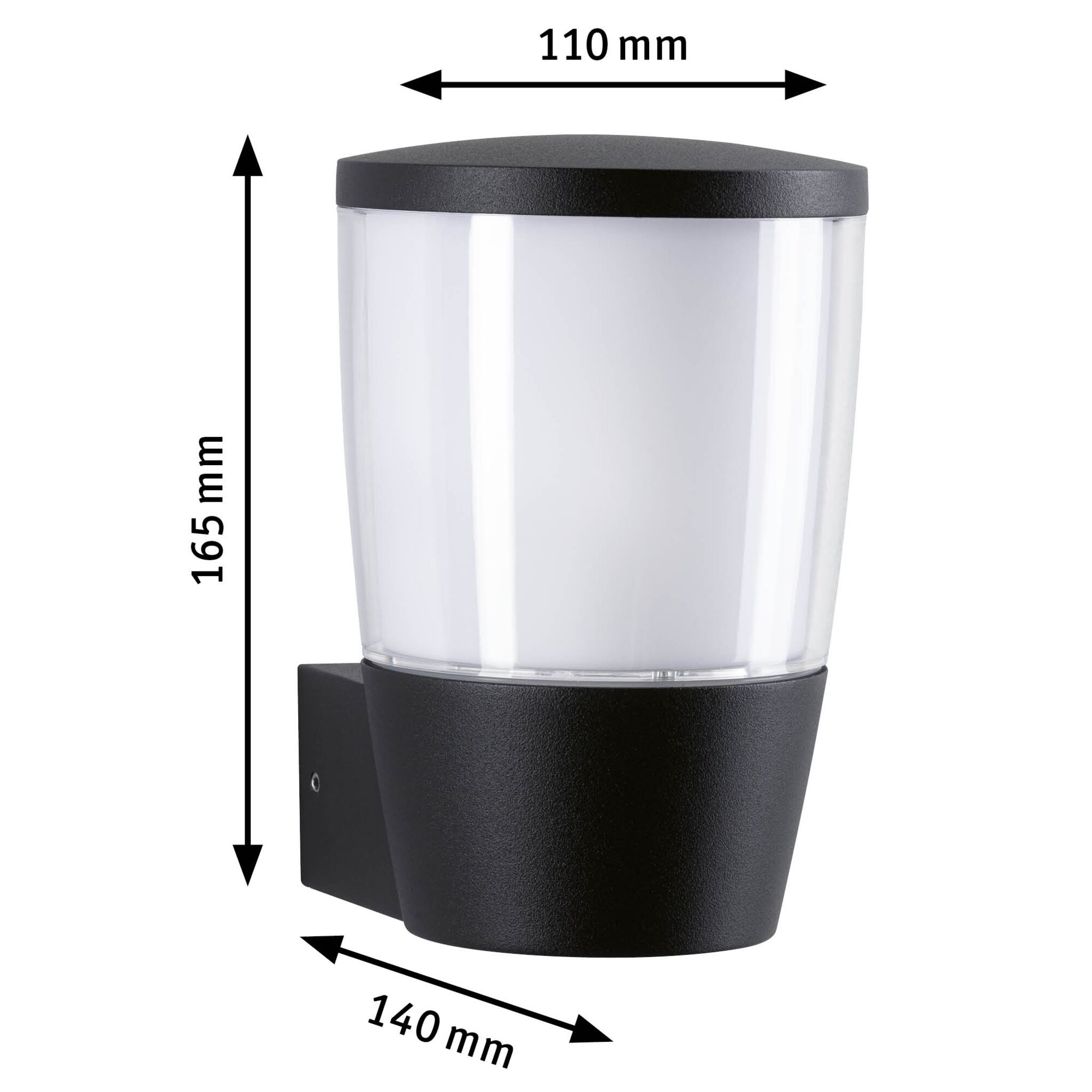 Schwarze Außenwandleuchte aus Kunststoff mit weißem Diffusor, Maße 165x140x110 mm, moderne LED-Beleuchtung