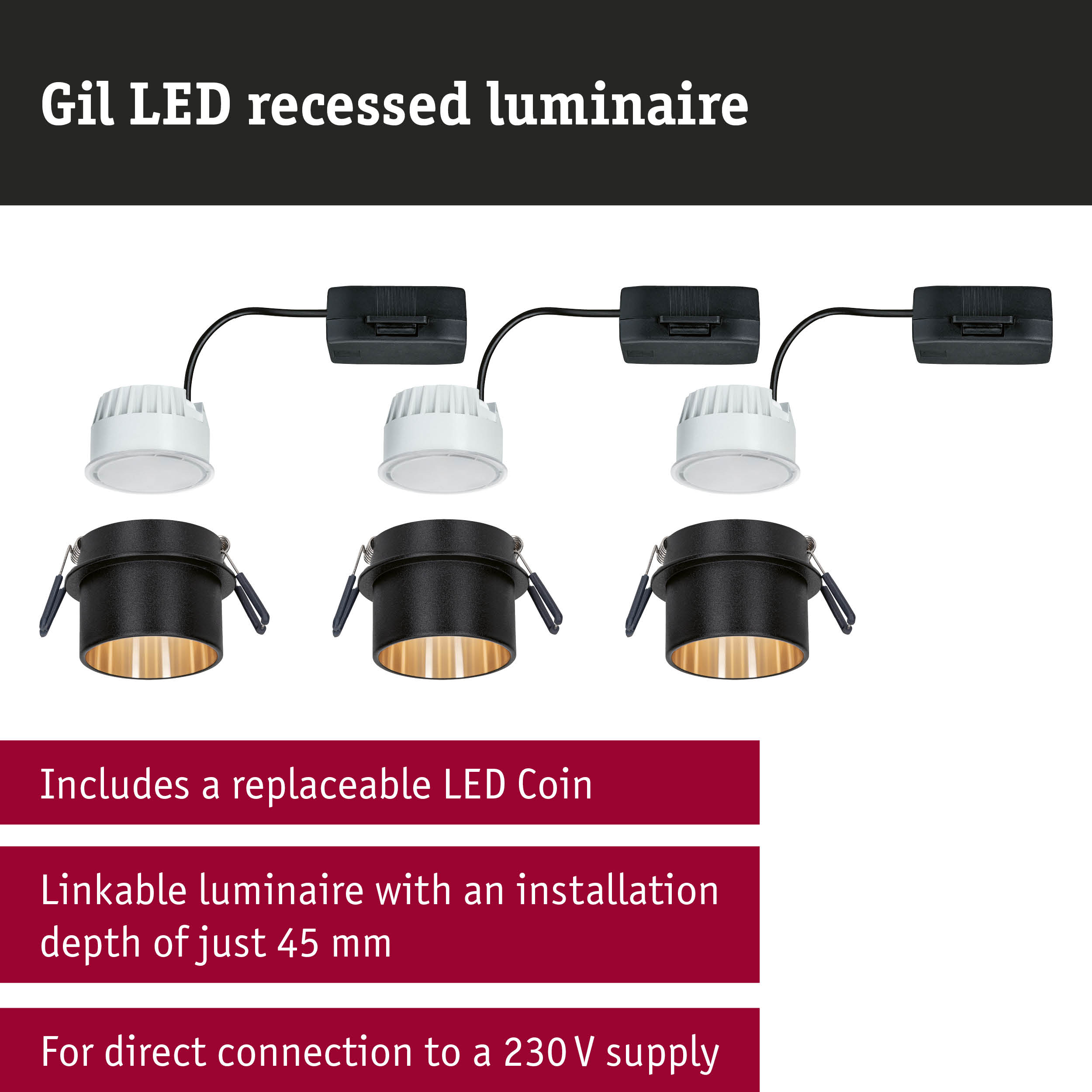 Gil black LED recessed spotlight with gold interior and white LED module, energy-efficient lighting solution