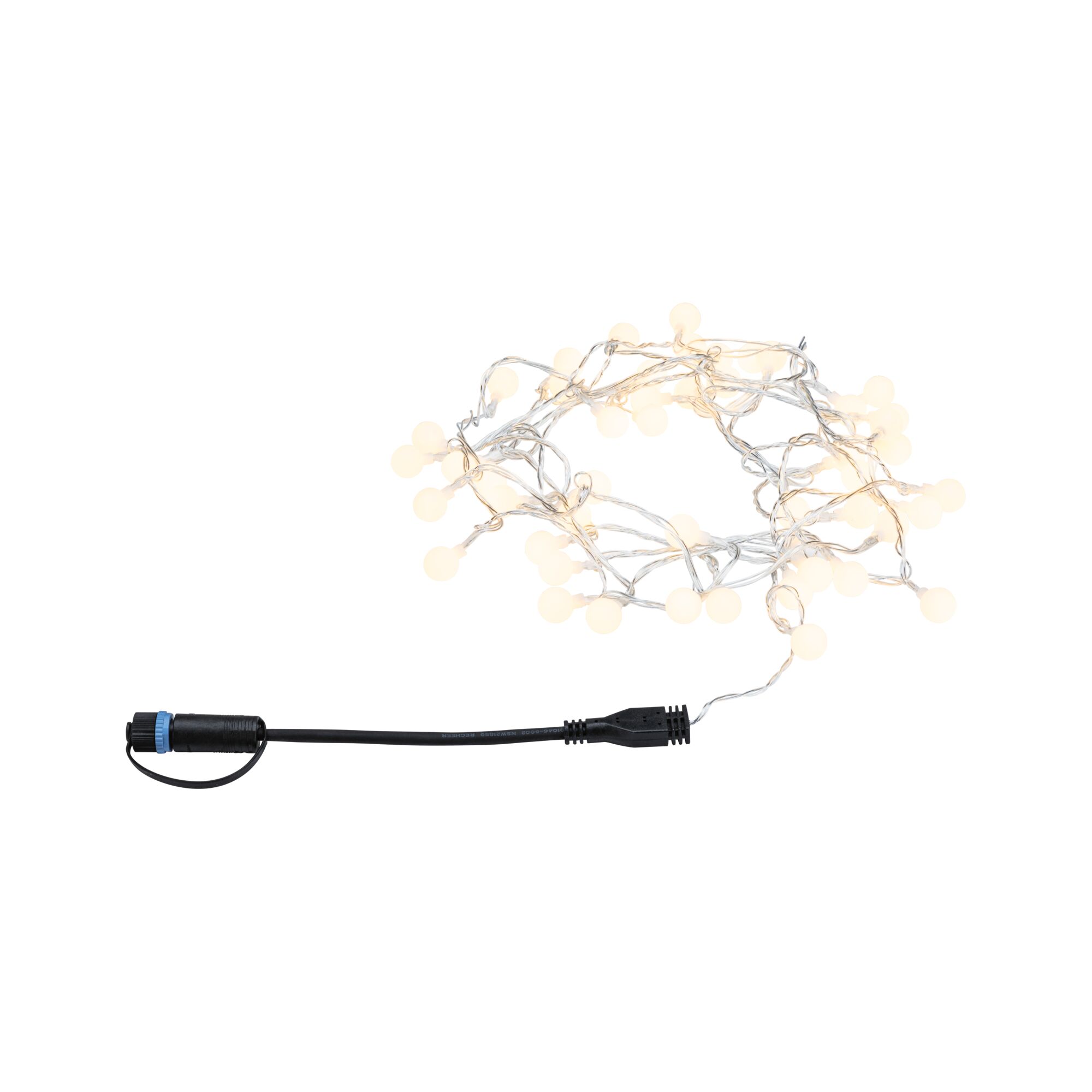 Plug & Shine LED Lichterkette Warmweiß IP44 3000K Schwarz Lichterkette mit warmweißen LED-Kugeln an transparentem Kabel und schwarzem Anschlusskabel
