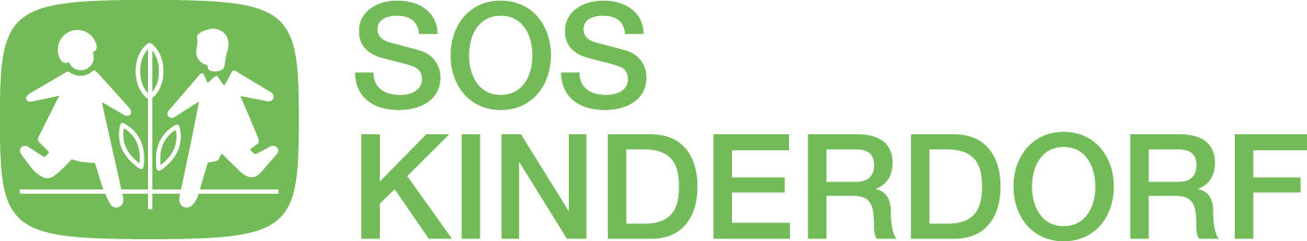 Groen SOS Kinderdorf-logo met gestileerde kinderen en plant als symbool voor kinderhulp
