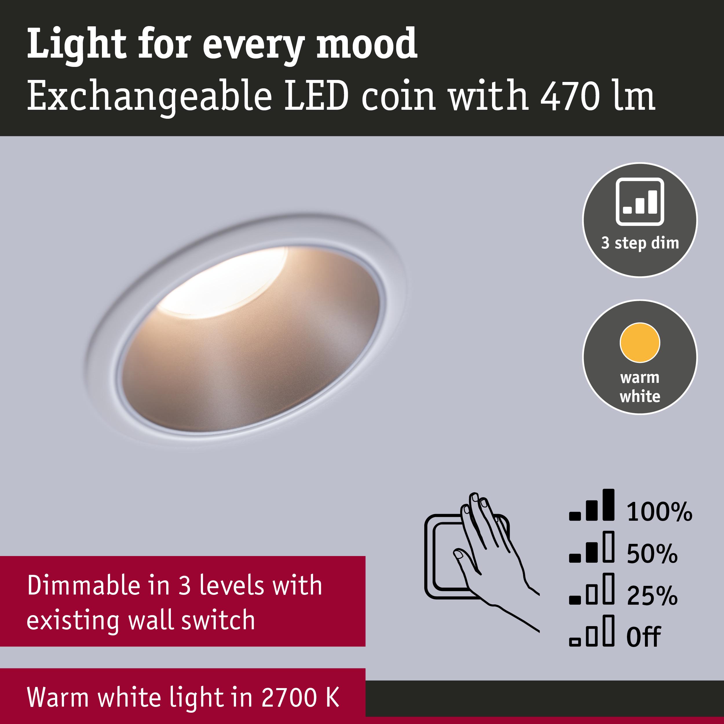 White LED recessed spotlight with warm white 2700K light and 3-step dimming via wall switch
