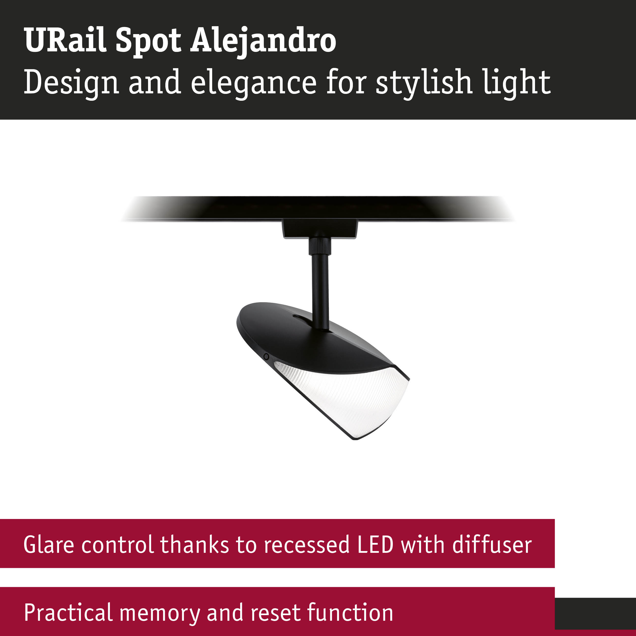 Black URail Spot Alejandro with recessed LED diffuser and memory function for stylish lighting solutions