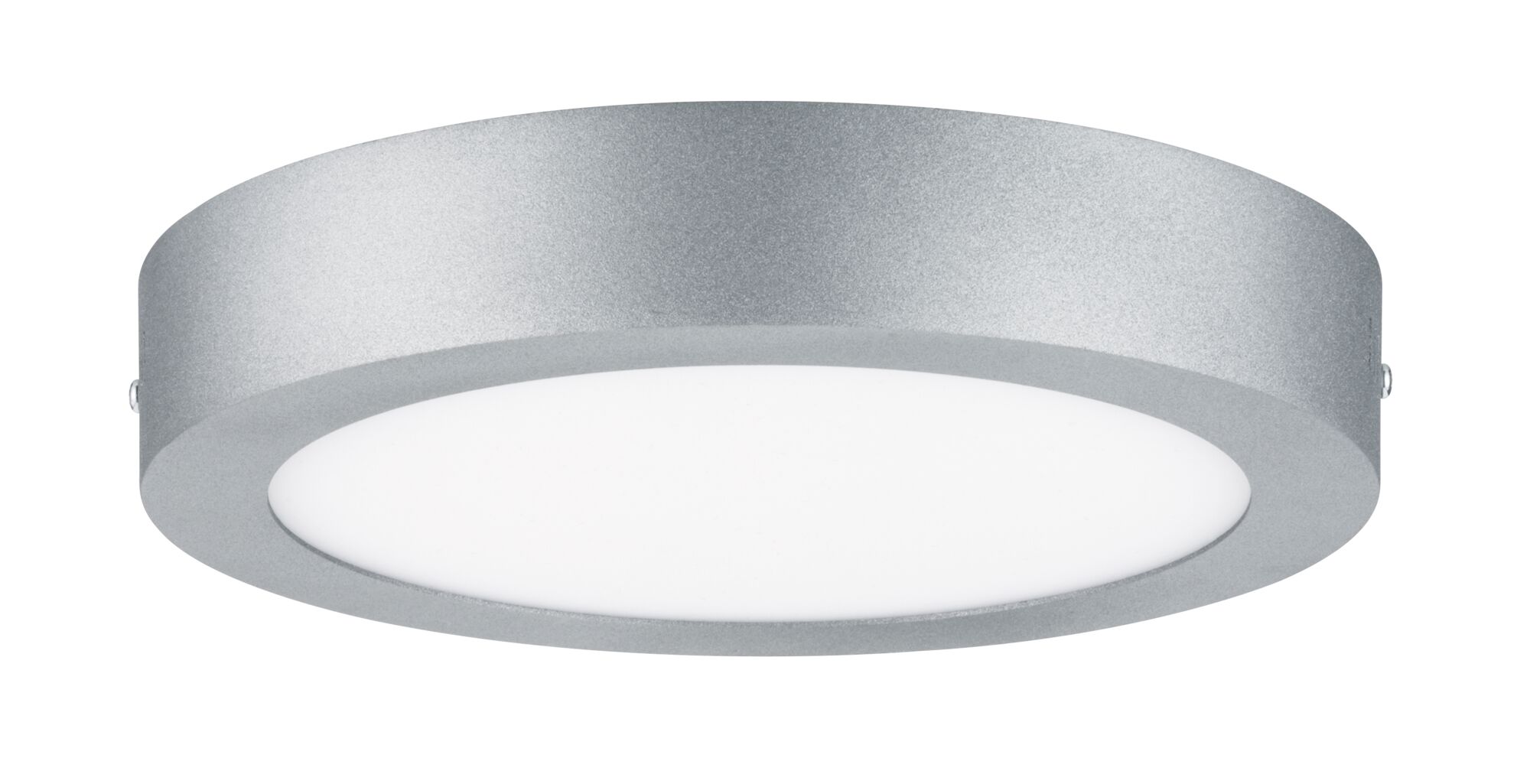 Runde Deckenleuchte aus silbernem Metall mit weißem Diffusor für moderne Innenbeleuchtung
