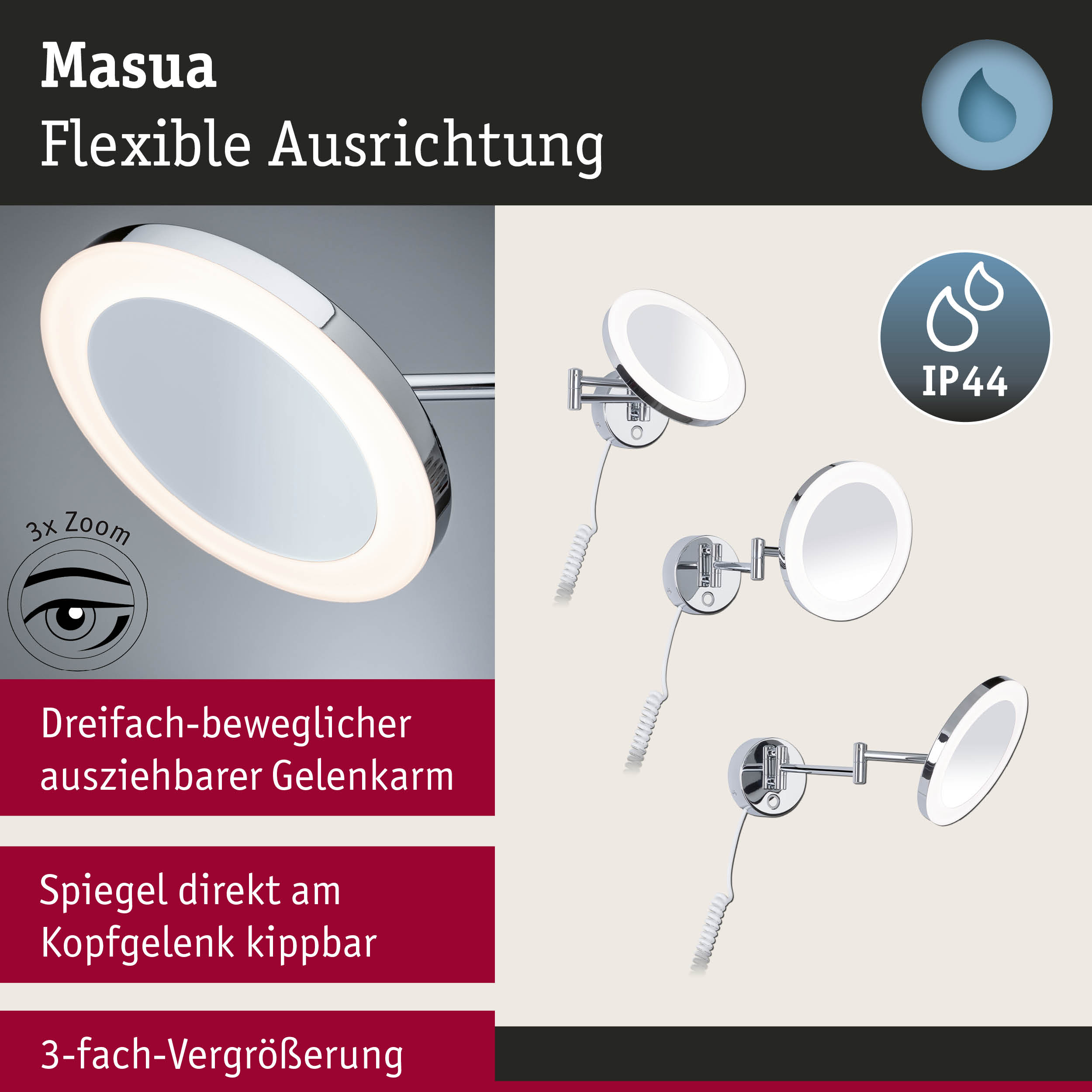 Wandmontierter Kosmetikspiegel mit LED-Beleuchtung und verchromtem Metallarm, IP44 Schutzklasse