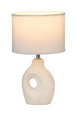 Table lamp with cream ceramic base and white fabric shade for cozy ambient lighting