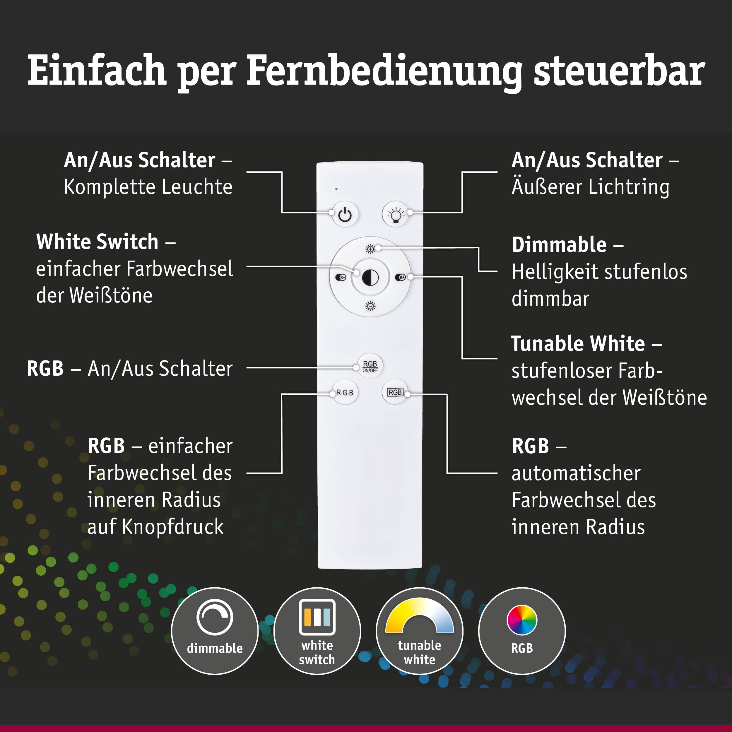 Weiße Fernbedienung mit Tasten für dimmbare LED-Beleuchtung, Weißtonwechsel und RGB-Farbwechsel