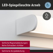 Weiße LED-Spiegelleuchte Arneb mit satinierter Acrylabdeckung und unsichtbaren Magnetabdeckungen
