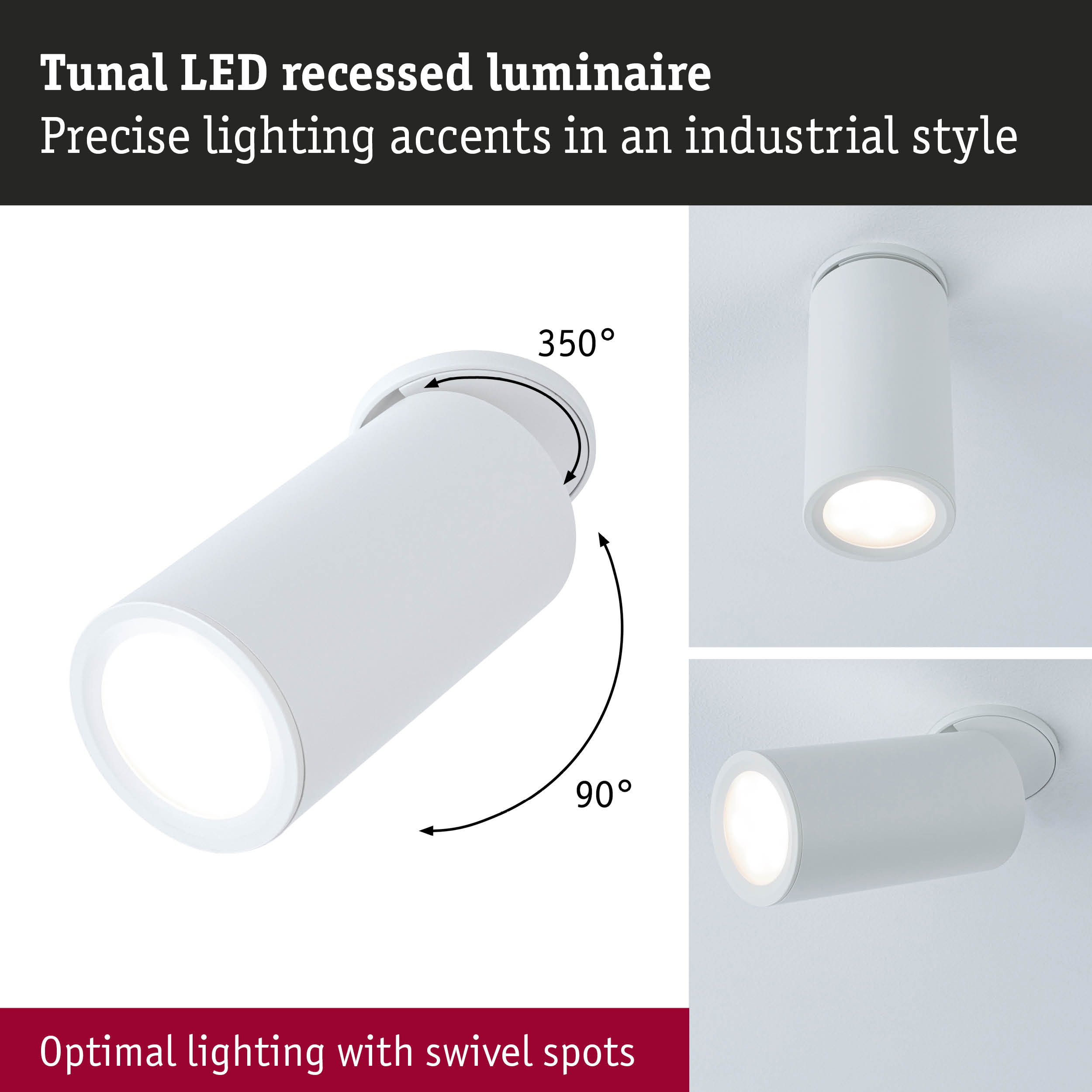 White metal Tunal LED recessed spotlight with swivel function for precise industrial style lighting accents