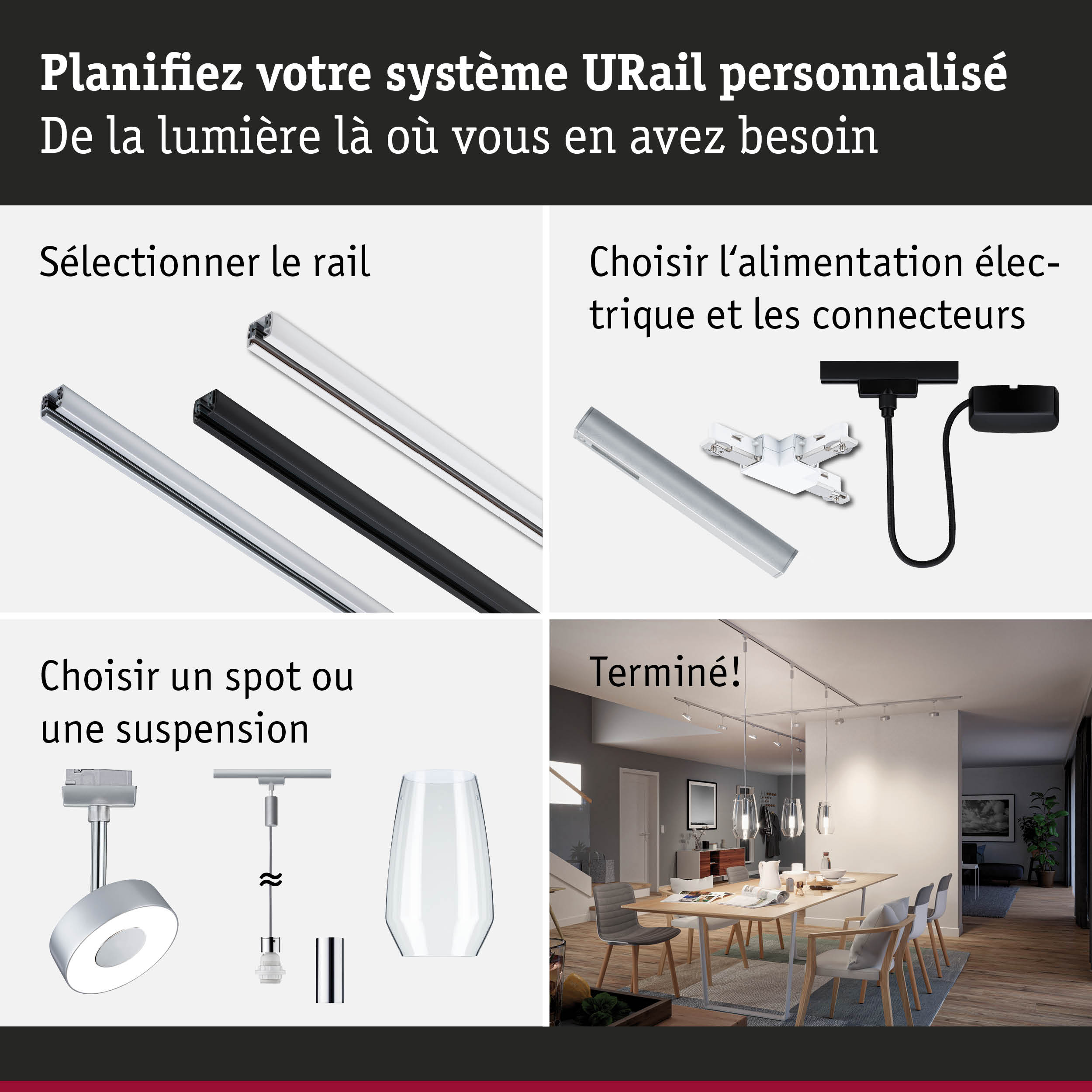 Système de rail URail modulaire avec rails, connecteurs et spots pour solutions d'éclairage personnalisées