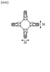 Technische Zeichnung eines quadratischen Verbinders mit 36 mm Kantenlänge für Schienensysteme
