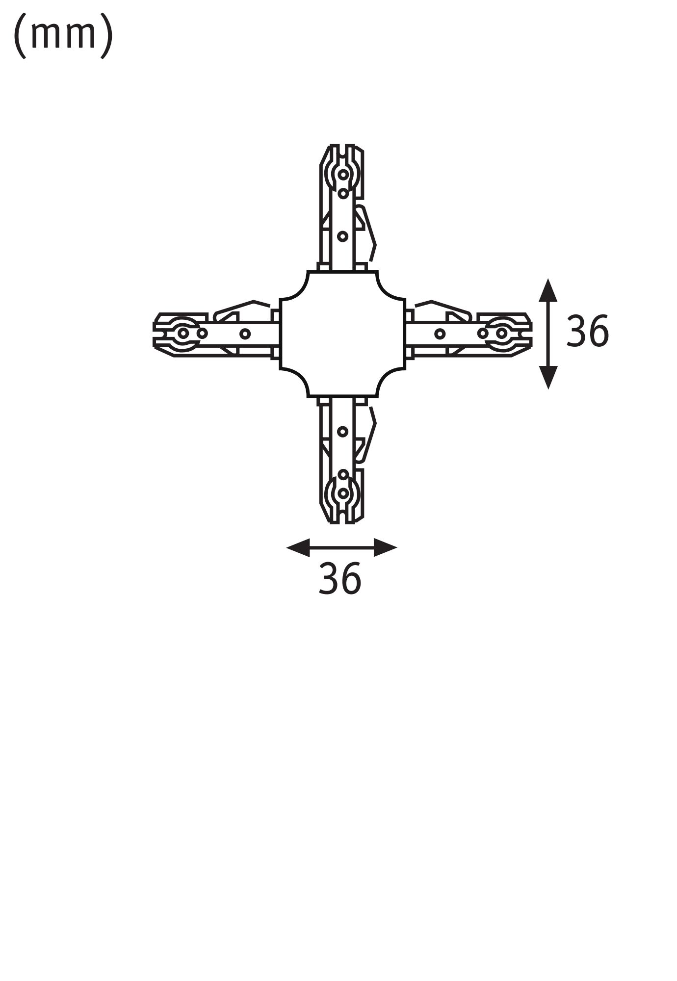 Technical drawing of a cross connector measuring 36 mm width and height for LED track lighting