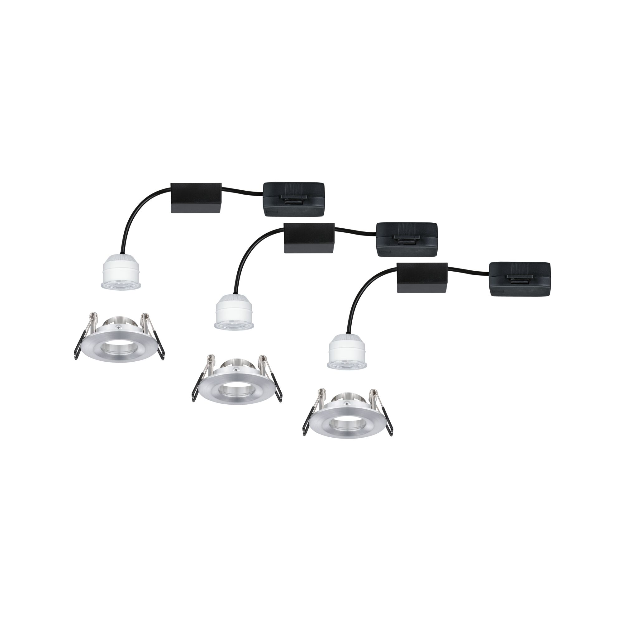 Trois spots encastrés ronds en aluminium brossé avec LED blanches et câbles noirs
