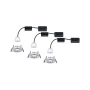 Three round recessed spotlights in brushed aluminum with white LED lights and black cables