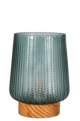 Abat-jour décoratif en verre vert avec motif sur socle en bois, accessoire moderne pour la maison