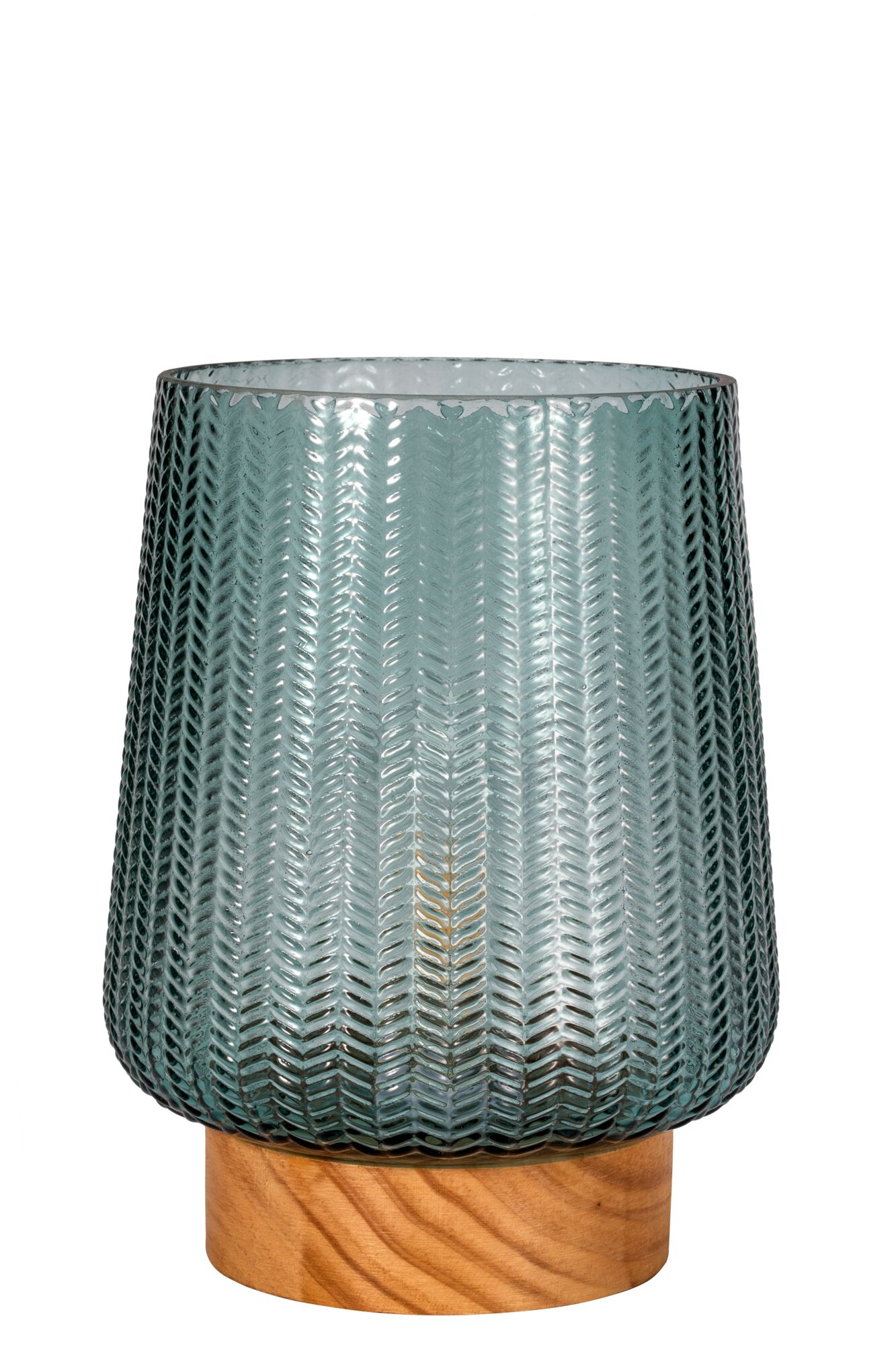 Blue-green patterned glass lampshade on wooden base, decorative table lamp for home lighting