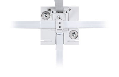 White plastic connector for track lighting with screws and plug connection for lighting systems