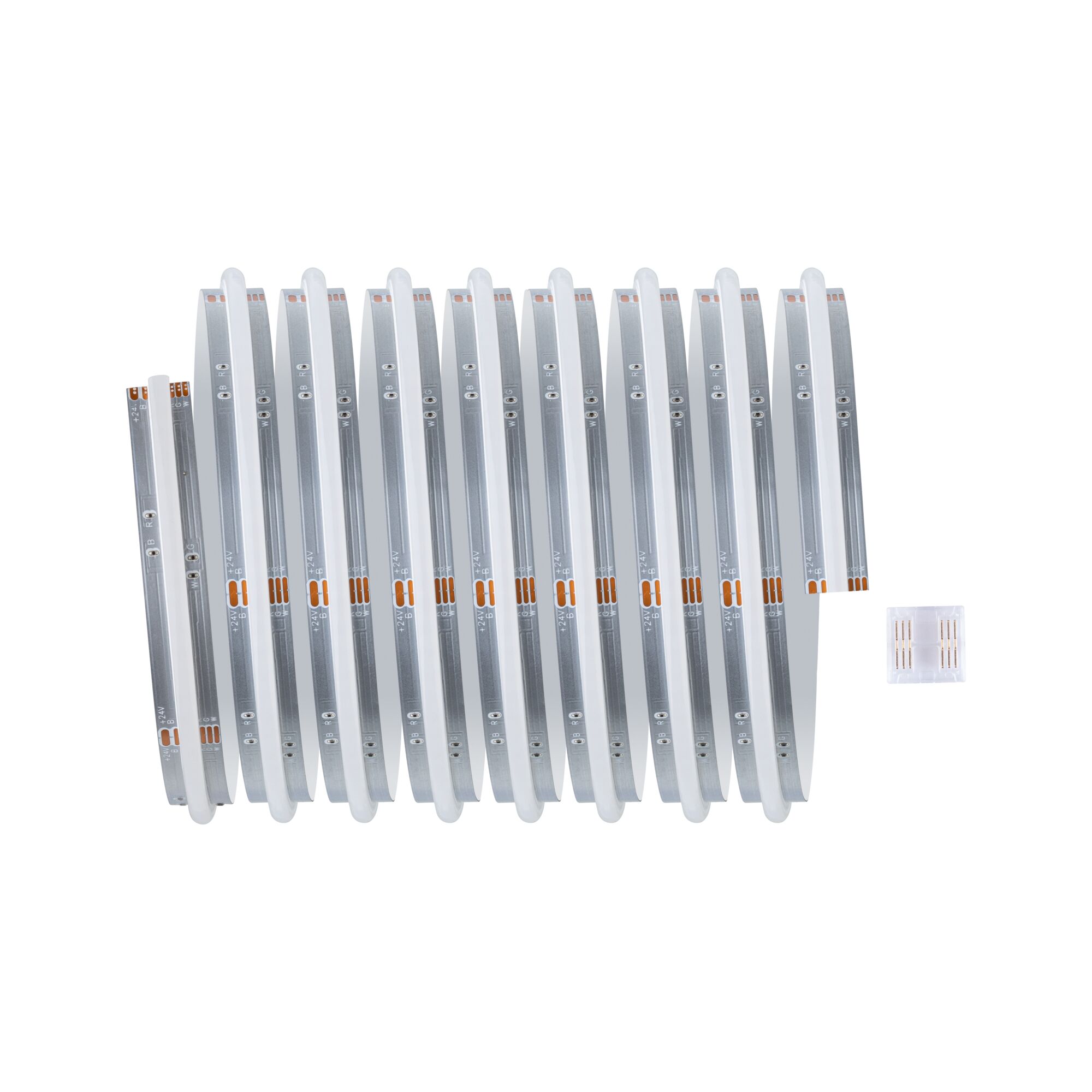 Flexible white LED strip light with transparent connector for modern indoor lighting accents
