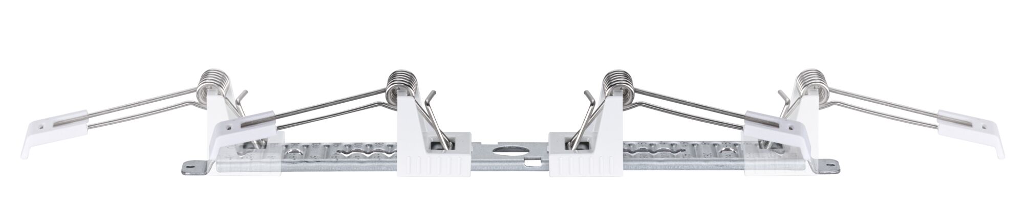 Metal mounting bracket with white plastic clips and springs for recessed lighting installation
