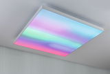 Square LED ceiling light with white frame and multicolor illumination for modern room lighting.