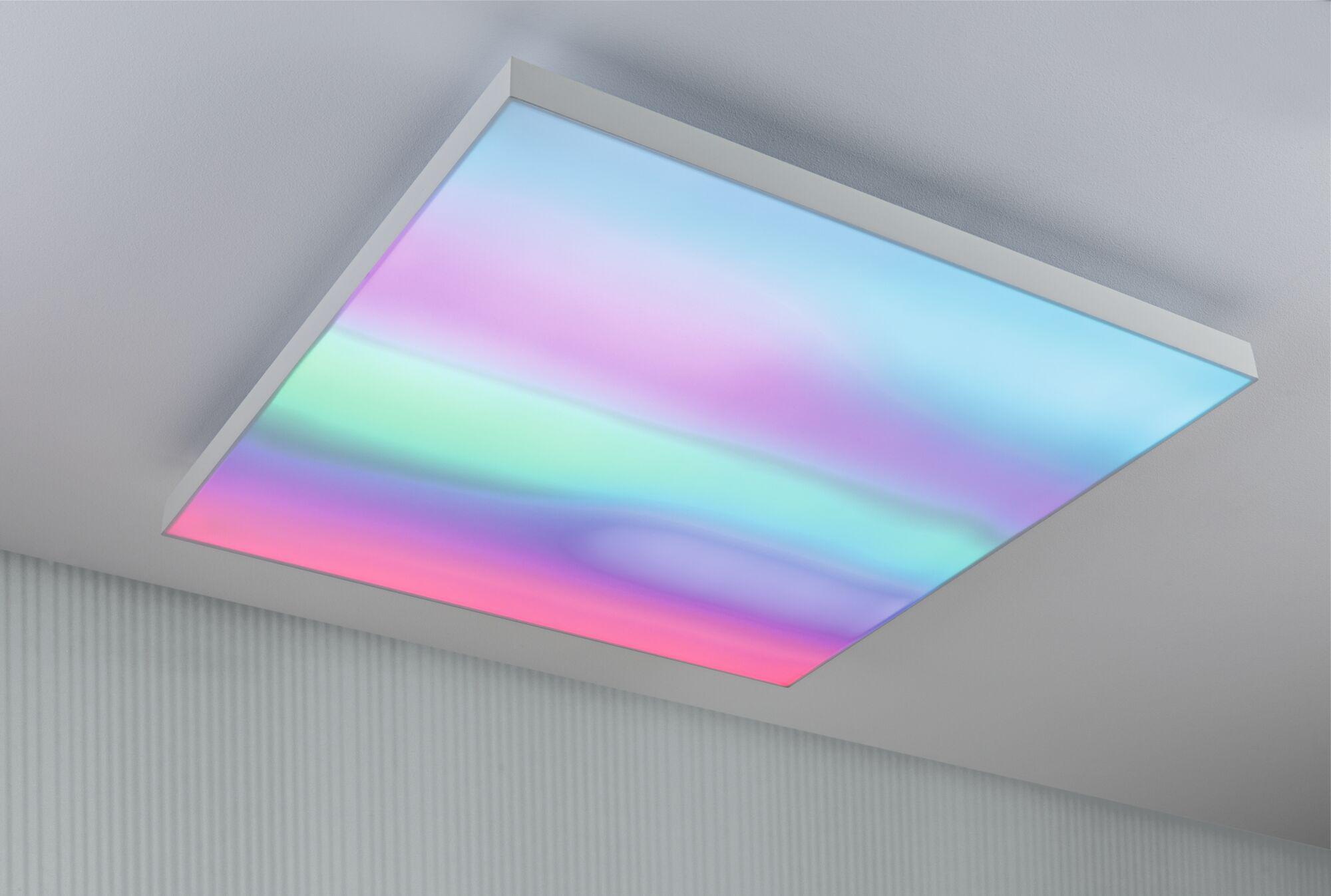 Quadratische LED-Deckenleuchte mit weißem Rahmen und mehrfarbigem Licht für moderne Raumbeleuchtung.
