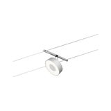 Moderner Seilstrahler aus silbernem Metall mit rundem LED-Leuchtmittel für flexible Beleuchtung