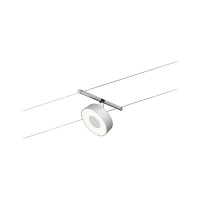 Moderner Seilstrahler aus silbernem Metall mit rundem LED-Leuchtmittel für flexible Beleuchtung